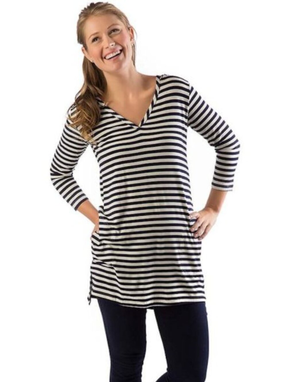 YALA SZ L Dani Hooded Striped V-neck Tunic Bamboo Top in Navy & White